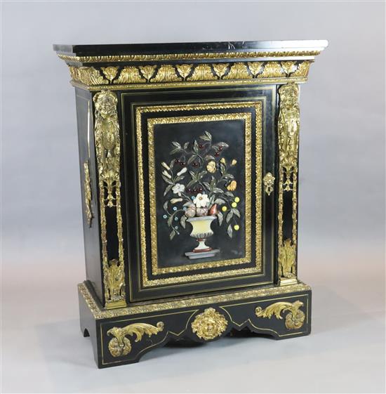 A Victorian ormolu mounted ebonised and pietra dura pier cabinet, W.3ft 2in. D.1ft 7in. H.3ft 11.5in.